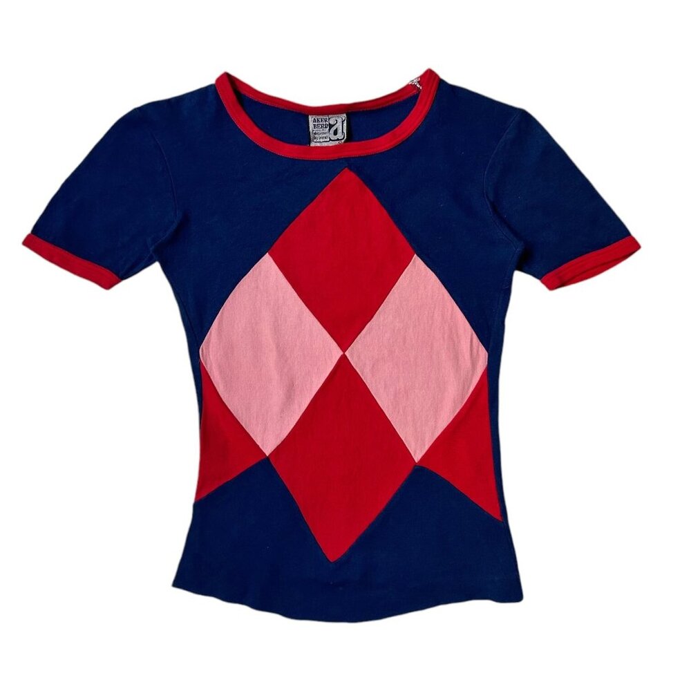 70s vintage patchwork baby tee fitted ringer t-shirt mod hippy panel quilted.
